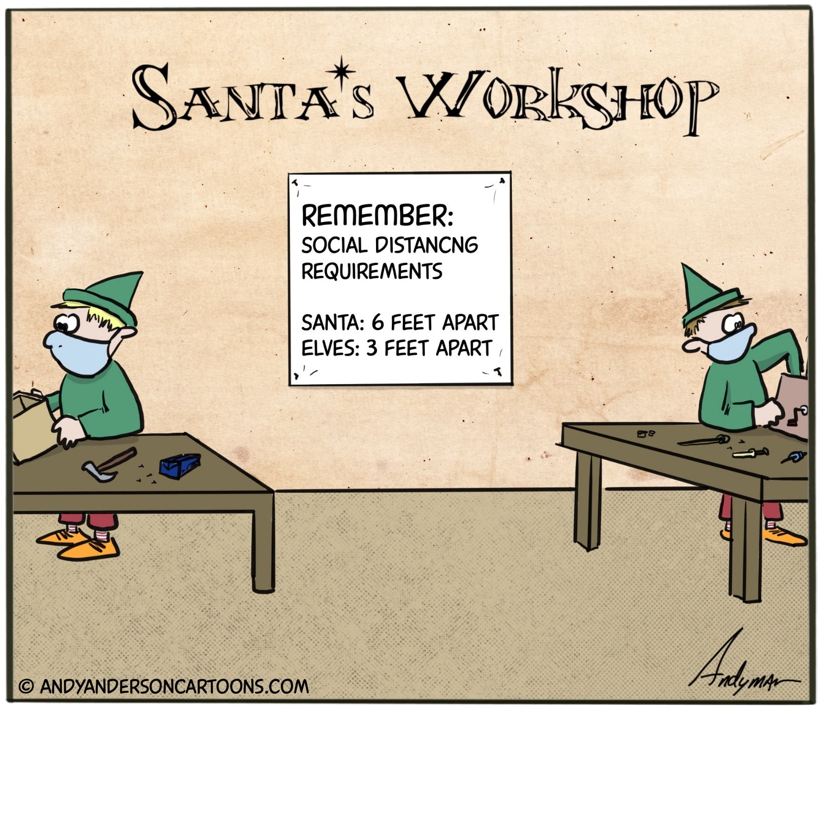 Cartoon about elves maintaining 3 feet of social distance instead of the standard 6