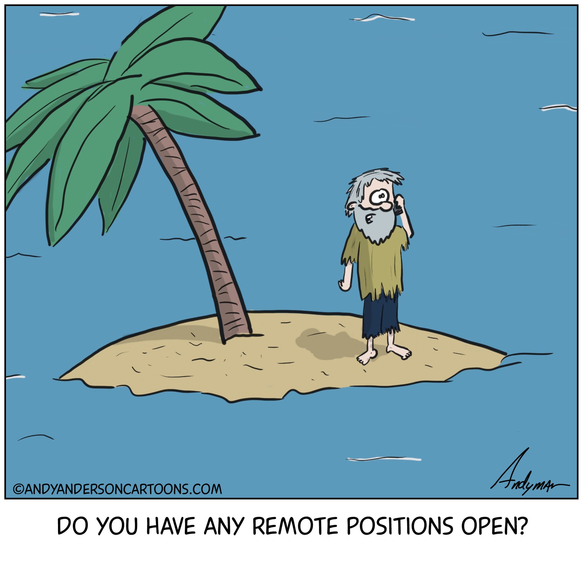 Cartoon about man on a deserted island seeking remote work