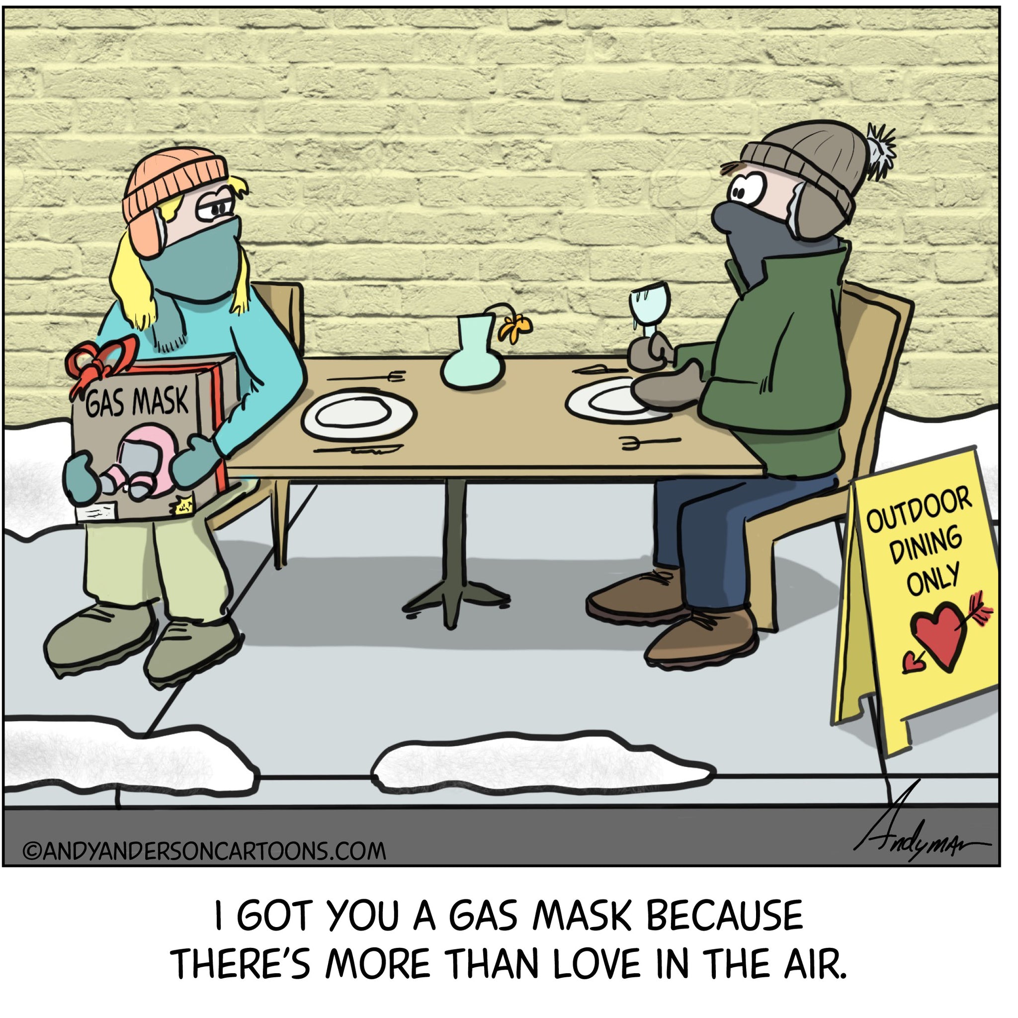 Valentine's Day 2021 cartoon about getting a gas mask because of COVID