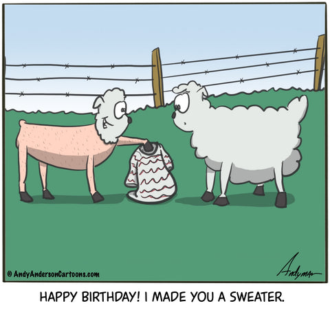Cartoon about a sheep making a sweater for a birthday gift