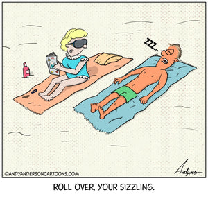 Cartoon about snoring or sizzling at the beach - man is getting a sunburn as his wife tells him to roll over