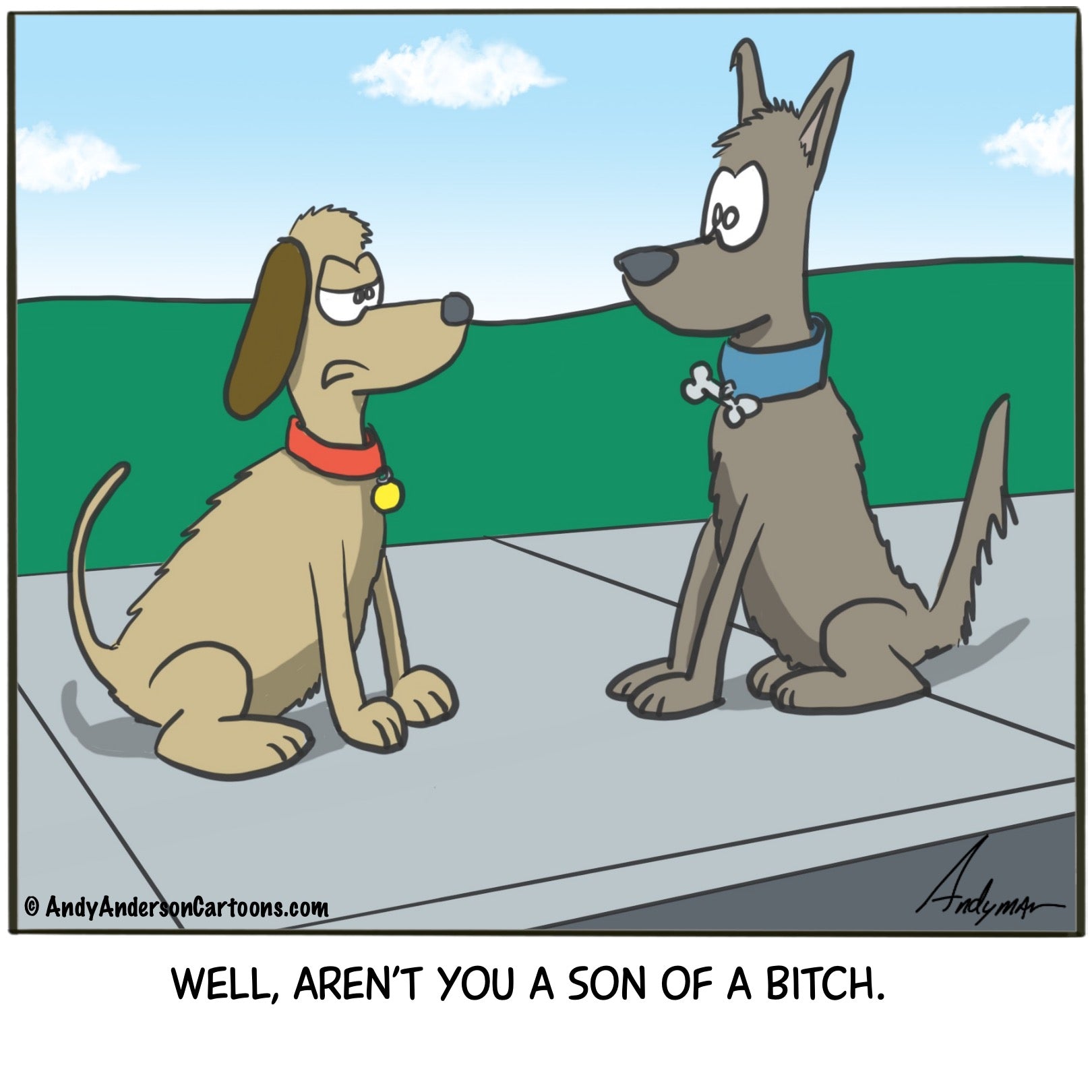Cartoon about one dog calling another dog a "son of a bitch"