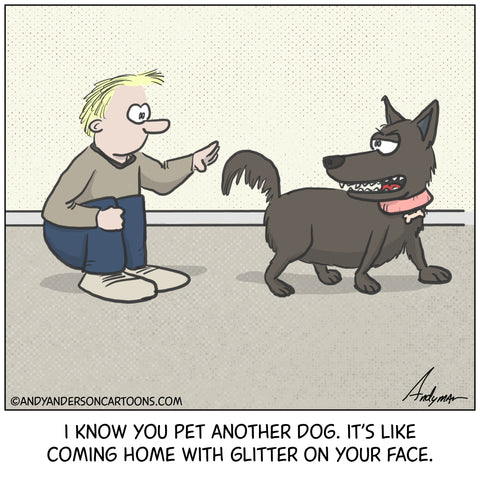 Cartoon about a dog angry at her owner for petting another dog