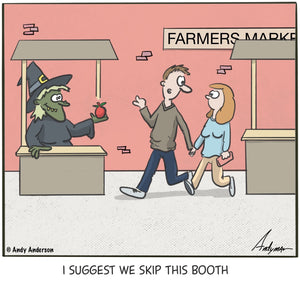 Cartoon about a witch selling apples at a farmer's market by Andy Anderson