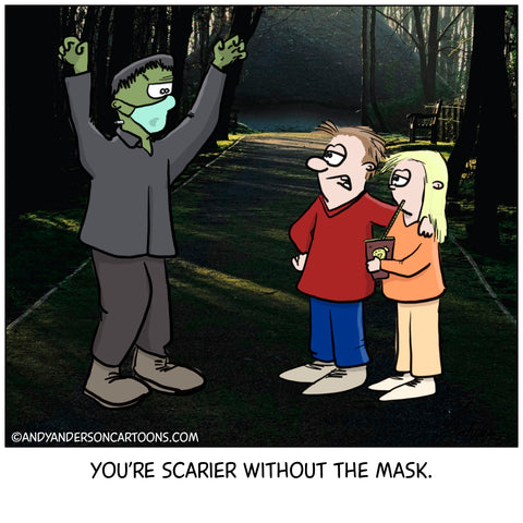 Cartoon featuring Frankenstein wearing a face mask by Andy Anderson