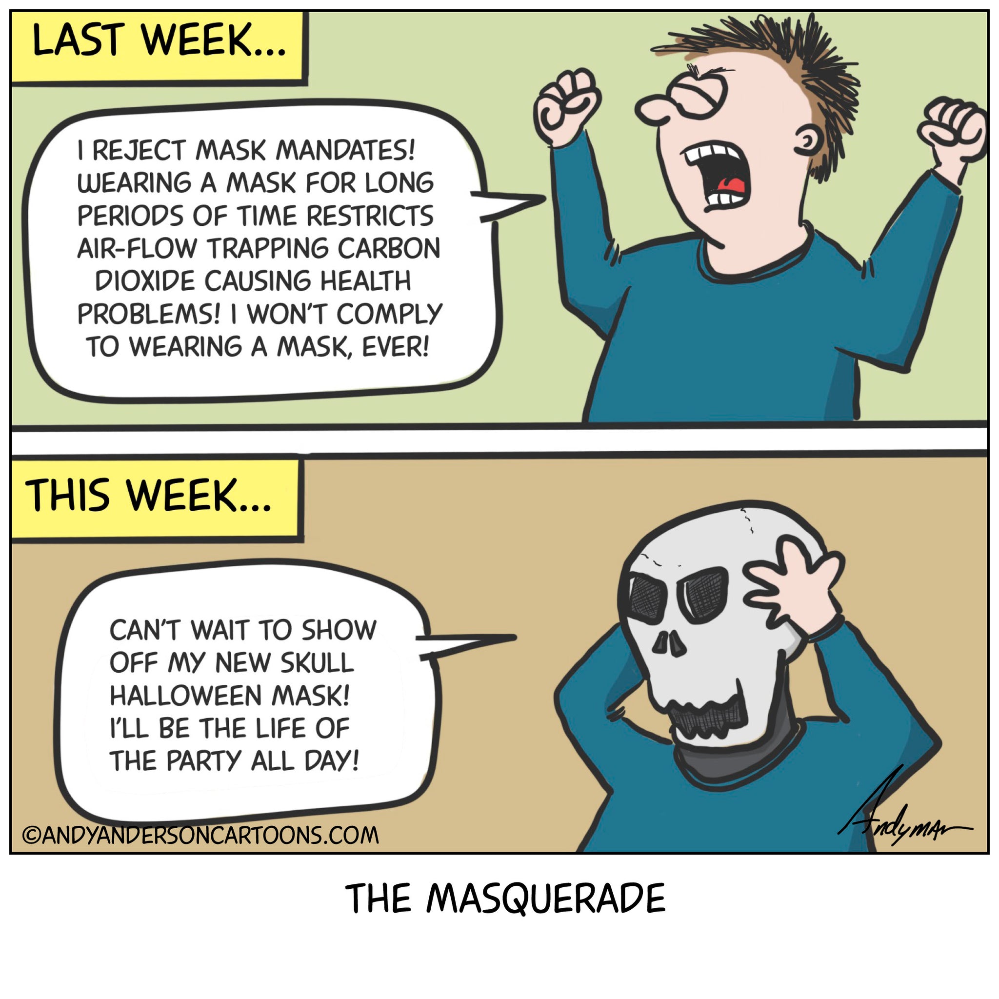 Cartoon about complaining about mask mandates but okay weraing a mask for Halloween by Andy Anderson