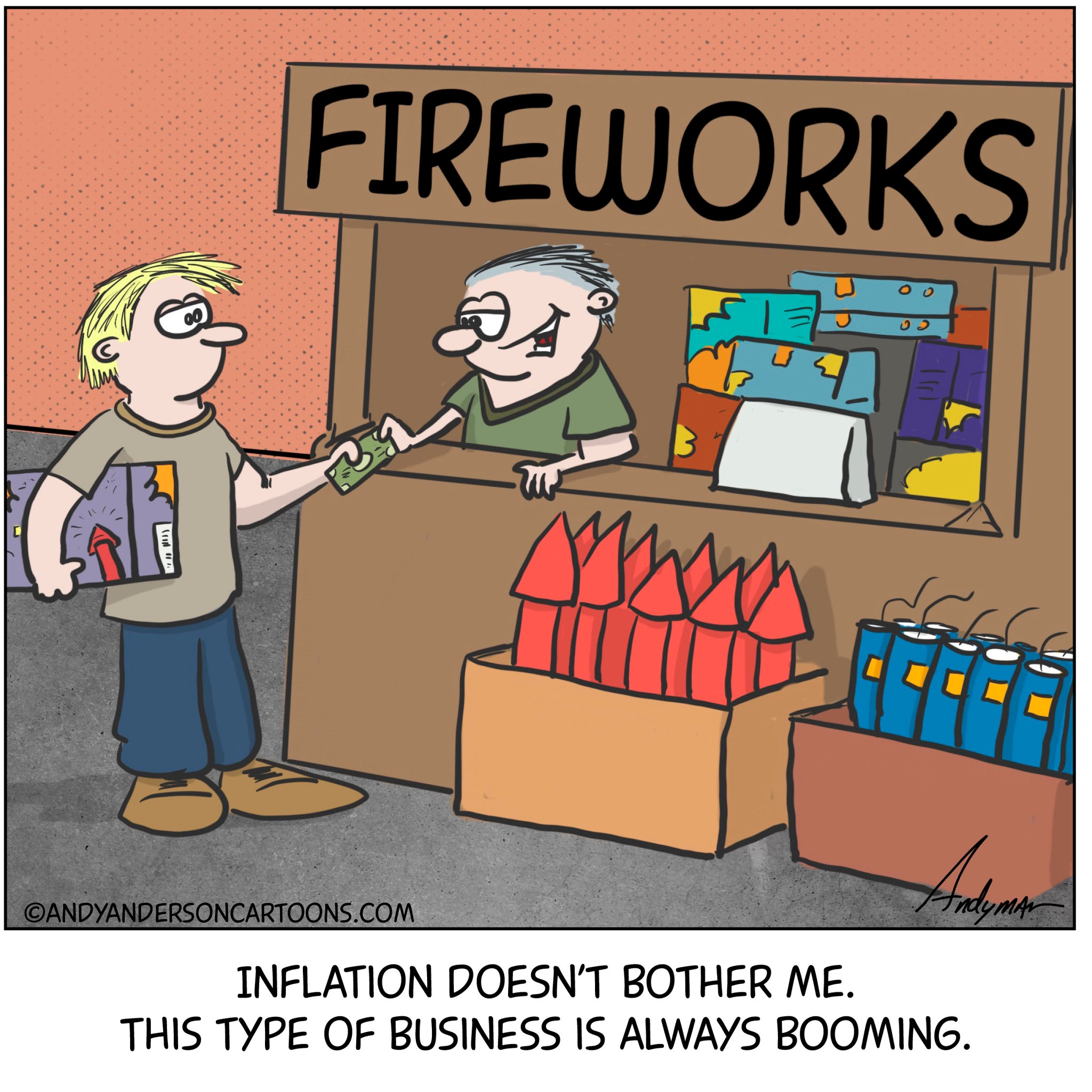 Inflation and fireworks cartoon
