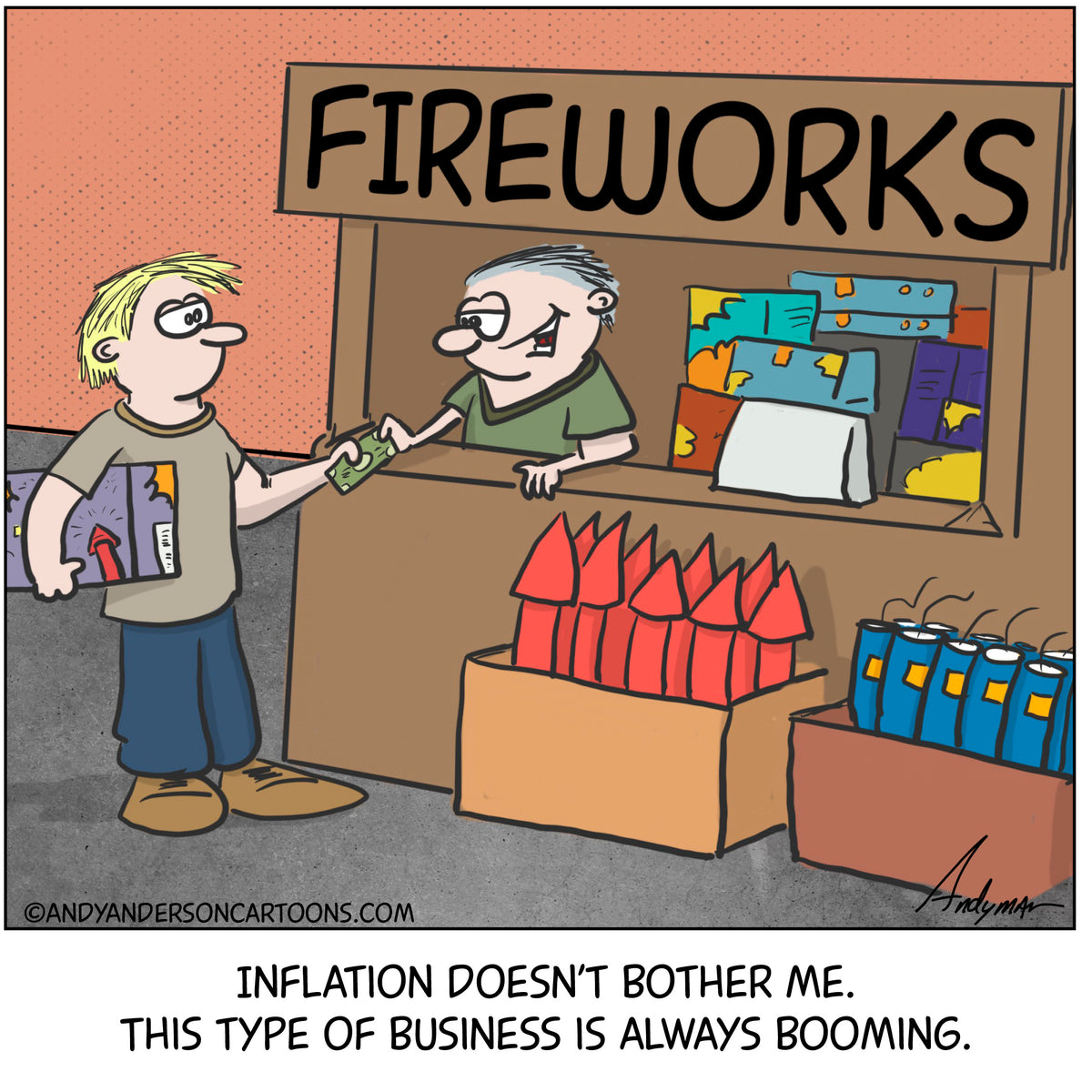 Cartoon/Meme about inflation and fireworks | Andy Anderson Cartoons