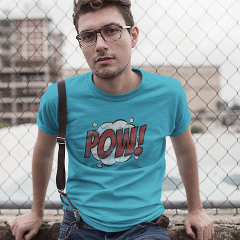 Guy wearing a funny "Pow!" t-shirt