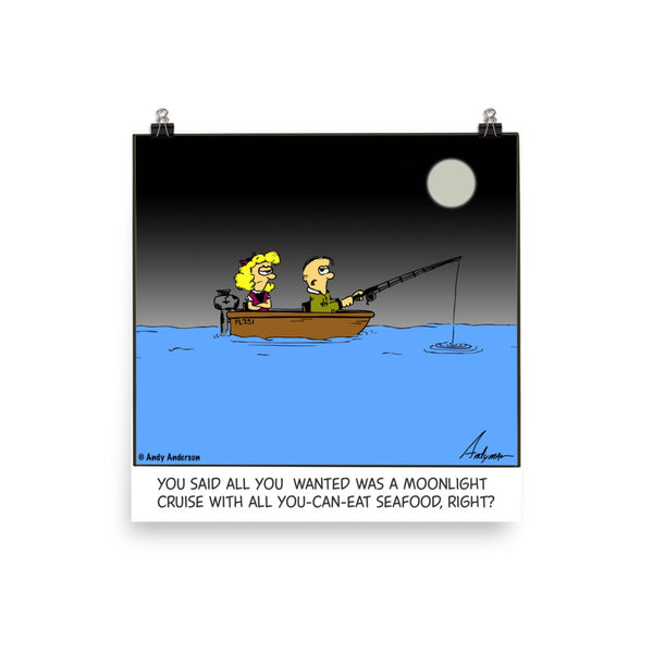 Moonlight cruise with unlimited seafood cartoon by Andy Anderson